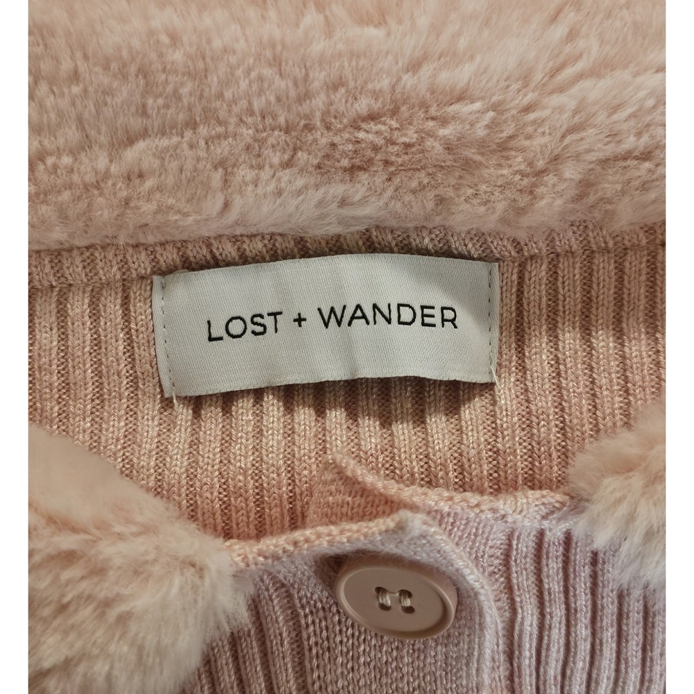 Lost + Wander Ribbed Fur Trim Sweater XS Pink Button Front Long See Measurements - Picture 3 of 3
